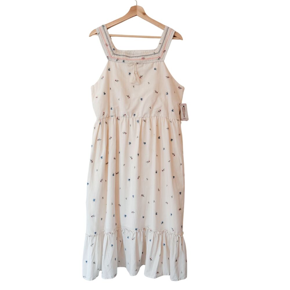 NWT Floral Embroidered Cottagecore Babydoll Midi Dress Women's L Softgirl